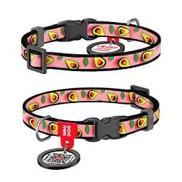 Нашийник для котів та дрібних порід собак нейлоновий Waudog Nylon з QR-паспортом "Авокадо на рожевому" пластиковий