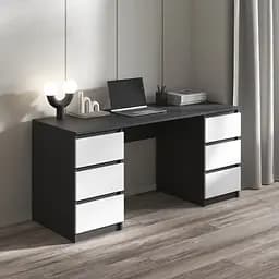 Комп’ютерний стіл Vays R-2 Антрацит-Білий фасад, письмовий з 2 тумбами, 6 шухляд без ручок, ЛДСП 160×60×75 см - для дому, офісу, навчання