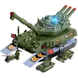 Танк-гараж HS 8010 A со звуком, подсветкой, раскладной с металлопластиковыми мини-моделями
