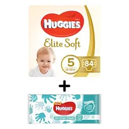 Набір Huggies: Підгузки Huggies Elite Soft 5 (12-22 кг), 84 шт. + Вологі серветки Huggies All Over Clean, 56 шт.