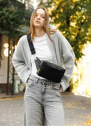 Женская кожаная сумка бананка Sambag Harvi черная 24×16×6 см (88213101)