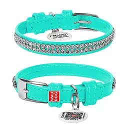 Нашийник для собак шкіряний Waudog Glamour з QR-паспортом з прикрасою "Полотно стрази" XXS Ш 9 мм Д 18-21 см ментоловий