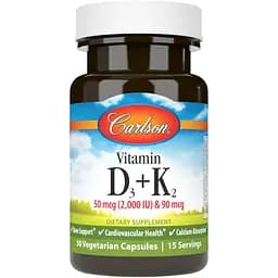 Витамин D3+K2 Carlson Vitamin D3+K2 2000 МЕ 90 мкг 30 вегетарианских капсул