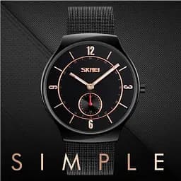 Чоловічий наручний класичний годинник Skmei 9163 design чорні з золотими стрілками - мініатюра 3