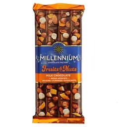 Шоколад Millennium Fruits & Nuts молочний з мигдалем, цілими лісовими горіхами, курагою та родзинками 90 г (856194)