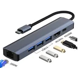 Концентратор Dynamode 7-in-1 USB-C to HDTV 4K/30Hz 2хUSB3.0 RJ45 USB-C PD 100W SD/MicroSD (BYL-2303) - мініатюра 2