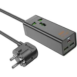 Сетевое зарядное устройство удлинитель Hoco AC9A 2 USB/Type-C PD QC 30W 1 розетка 1.5m черный