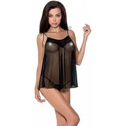 Рубашка прозрачная беби долл Passion MELANIA CHEMISE Black L/XL, трусики, на тонких бретелях