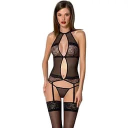 Корсет з пажами Passion Satara CORSet L/XL black стрінги мереживо застібки спереду та ззаду