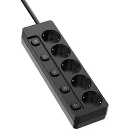 Фильтр сетевой ColorWay, 5 розеток, 5 м, черный, 16А, до 3.5 кВт, индивидуальный выключатель, заземление, 3x1.5 мм² (CW-PSEA55SBK)
