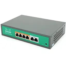 Коммутатор POE SICSO 48V с 4 портами POE 100Мбит + 2порт Ethernet (UP-Link) 100Мбит, с посыл. сигн. до 250м, корпус-металл, Silver, БП встроенный, Q30