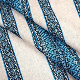 Лляна тканина з українським орнаментом "Рандеву синій" (від 1 м)