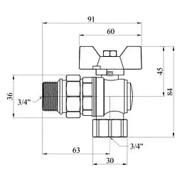 Кран-американка кульовий Kroner кутовий 3/4" ВЗ PN40 метелик, нікельований (CV033224) - мініатюра 3
