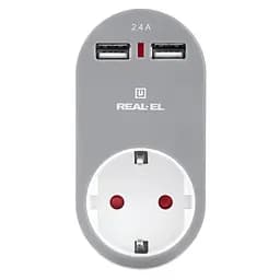 Мережевий зарядний USB-пристрій з розеткою REAL-EL CS-20, білий-сірий (EL123160002)