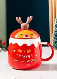 Новогодняя чашка с крышкой красная Олень 450 мл Merry Christmas