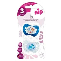 Пустышка Nip Чудесная жизнь № 3, силиконовая, 16-32 мес., 2 шт., синий с белым (31303)