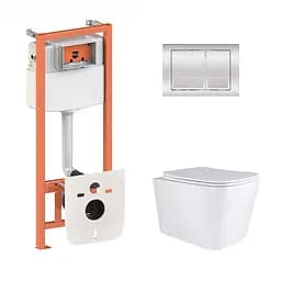 Подвесной унитаз Qtap Tern + инсталляция Qtap Nest 4 в 1 (квадратная клавиша Chrome), Белый