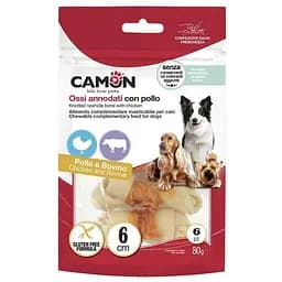 Ласощі для собак Camon, кістка з яловичої шкіри обмотана куркою, 80г