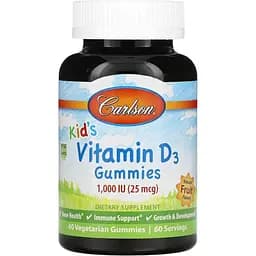Витамин D3 детский Carlson Kid's Vitamin D3 Gummies 1000 МЕ вкус фруктов 60 вегетарианских жевательных конфет
