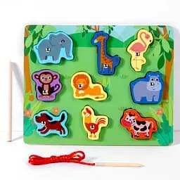 Деревянная игрушка Рамка-вкладыш 3в1 (шнуровка, рыбалка-магнитная), 1 удочка, 22.5x18x1 см (в ассортименте)