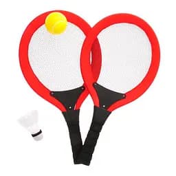 Набір ракеток 202, 2 ракетки 54см, пластиковий каркас, текстильна сітка, м'яка ручка, волан, м'яч, в сітці (6980879300040) Червоний