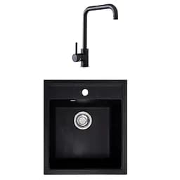 Гранітна мийка з краном квадратна WIZ № 19 420х510 мм (Чорна)