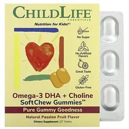 Дитячий риб'ячий жир ChildLife Essentials Omega-3 DHA + Choline Natural Passion Fruit 27 таблеток