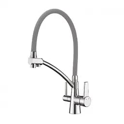 Смеситель для кухни высокий силиконовый гусак под фильтр латунный корпус гайка Ø35 серый/хром Gappo G4398-17 Серый