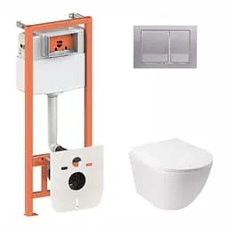 Набор Qtap инсталляция 3 в 1 Nest QT0133M425 с панелью смыва квадратной QT0111M06029SAT + унитаз с сиденьем Jay QT07335176W, Белый