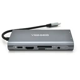 Хаб-конвертер Veggieg TC10-U Type-C (папа) на Type-C (мама) + USB3.0 * 3 (мама) + HDMI (мама) + VGA (мама) + SD / TF + RJ45, 10 см, Silver, Box