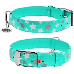Ошейник для собак Waudog Glamour кожаный с QR паспортом, узор Звездочка, светящийся/светоотражающий, L, Ш 35 мм, Дл 46-60 см