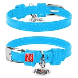 Ошейник для собак кожаный Waudog Glamour с QR-паспортом без украшений XXS Ш 9 мм Д 18-21 см голубой