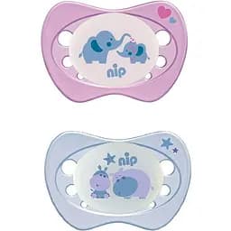 Пустышка Nip Ночной сон №2 Слоники и бегемотики, силиконовая, 5-18 мес., 2 шт., розовый с голубым (313101)