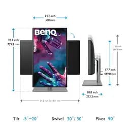 Монітор TFT 27" BenQ PD2725U, IPS, 4K UHD, DHDR400, 2xHDMI, DP, 2xThunderbolt 3 (USB-C), USB-hub, HAS, кол. (9H.LJXLA.TBE) - мініатюра 3