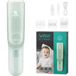 Машинка для стрижки детей бесшумная с вытяжкой VGR V-155, 4 безопасные насадки, IPX8, зеленая