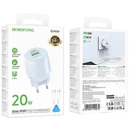 МЗП Borofone BA93A Lustrous PD20W+QC3.0 (1USB-A/1C) + кабель Type-C to Type-C Blue - мініатюра 4