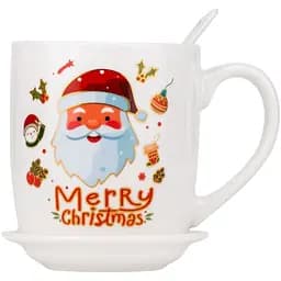 Чашка новогодняя Elisey 9150-005-3 Merry Christmas керамическая с ложкой и блюдцем 350 мл Белая