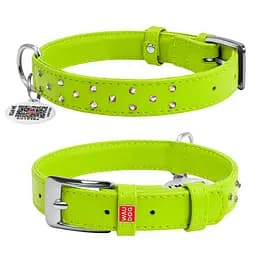 Нашийник для собак шкіряний Waudog Glamour з QR-паспортом з клейовими стразами Ш 20 мм Д 30-39 см салатовий