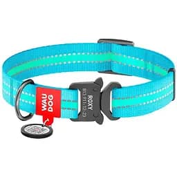 Нашийник для собак Waudog Nylon, світловідбивний, світлонакопичуючий, з QR паспортом, металева пряжка-фастекс, M, 24-40х2,5 см, блакитний