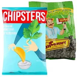 Набор: чипсы Chipster's со вкусом сметаны и зелени 100 г + семена подсолнечник Сан Санич жареные соленые 100 г