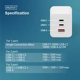 Зарядний пристрій 2xUSB-C, 1xUSB-A DIGITUS GaN 100 W - мініатюра 3