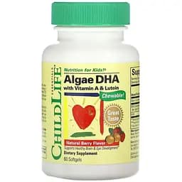 DHA для детей ChildLife Algae DHA with Vitamin A & Lutein со вкусом ягод 60 шт. (CDL16550)