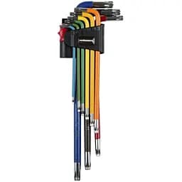 Набір Г-подібних ключів Torx Haisser T10-50 екстра-довгих кольорових з отвором 9 шт. (109344)