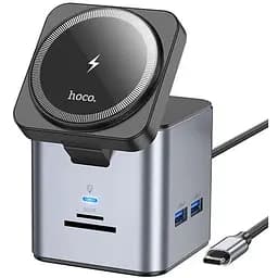 Хаб с беспроводным зарядным Hoco HB49 Effortless 9-in-1 100W Metal gray
