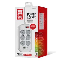 Фільтр живлення ColorWay 6 розеток, 4USB (Type-C PD20W + 3USB QC3.0) (38W), 2м, White (CW-CHE64PDW)