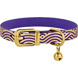 Ошейник для кошек BronzeDog Barksi Classic Волна кожаный одинарный с золотым тиснением 2XS 18-25х1 см фиолетовый