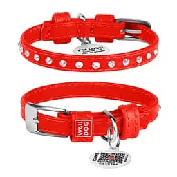 Ошейник для собак кожаный Waudog Glamour с QR-паспортом с клеевыми стразами Ш 9 мм Д 18-21 см красный