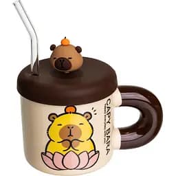 Чашка порцелянова Капібара на лотосі 400 мл з кришкою і трубочкою FM-27B