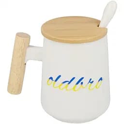 Кухоль керамічний OldBro Ukraine з дерев'яною ручкою кришкою та ложкою 480 мл white