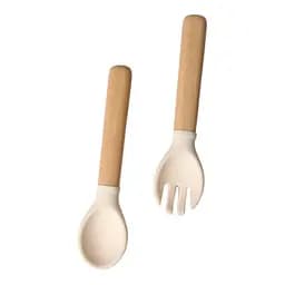 Приборы силиконовые детские OldBro ложка и вилка с деревянной ручкой, milk